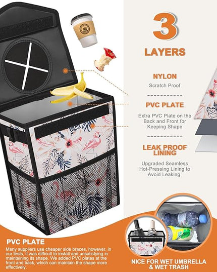 Car Trash Can with Lid, Cute Leakproof Car Trash Garbage Bag Hanging Vehicle Trash Bin Small Portable Automotive Garbage Cans Organizer for Back/Front Seat/Console(2.8 gal,Flamingo Print