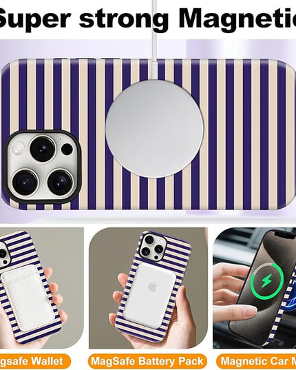 Magnetic for iPhone 17 Case Cute Stripes Phone Case, Shockproof Slim TPU and Hard PC Protective Phone Cover Compatible with MagSafe Designed for Women Girls, Blue&Apricot
