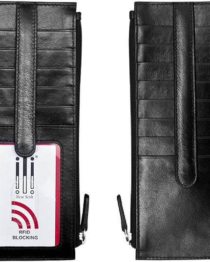 ili New York Long Double Sided Slim Wallet, RFID Blocking Card Holder with ID Window and Side Zip Pocket for Men and Women, Black