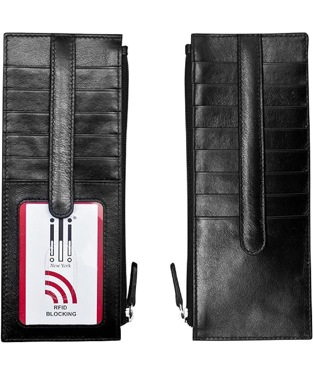 ili New York Long Double Sided Slim Wallet, RFID Blocking Card Holder with ID Window and Side Zip Pocket for Men and Women, Black