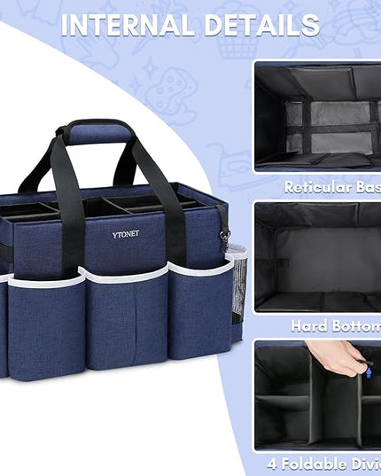 Ytonet Extra Large Cleaning Caddy Bag with 4 Foldable Dividers, Wearable Cleaning Caddy Organizer with Handle & Shoulder Strap & Waist Strap, Housekeeping Tote for Cleaners, Blue