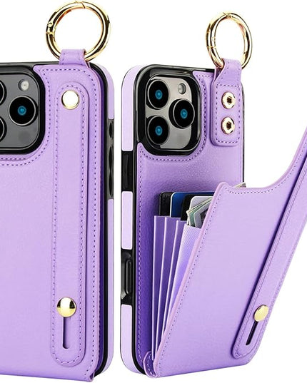 Folosu for iPhone 16 Pro Max Wallet Case with Card Holder, Hand Wrist Strap Loop Holder Kickstand, RFID Blocking Finger Grip Ring PU Leather Double Buttons Shockproof Cover 6.9" Purple