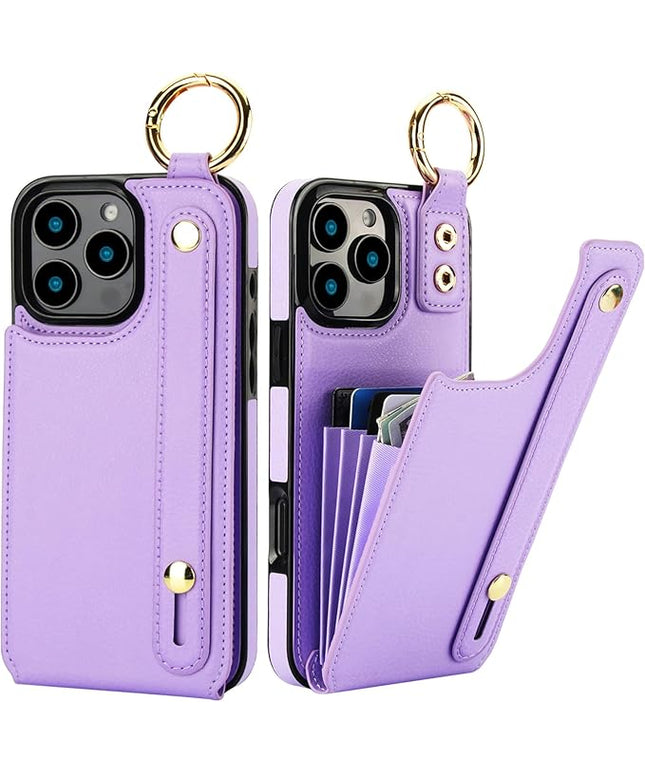 Folosu for iPhone 16 Pro Max Wallet Case with Card Holder, Hand Wrist Strap Loop Holder Kickstand, RFID Blocking Finger Grip Ring PU Leather Double Buttons Shockproof Cover 6.9" Purple