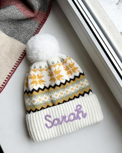 Personalized Beanie for Women Custom Knit with Name, Winter Hat with Pom Pom, Soft Lined Warm Hat, Birthday Gift