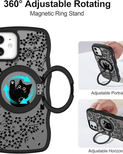 Wavy Case for iPhone 12 Case with Stand [Compatible with MagSafe] Cute Black Cat & Floral & Butterflies Pattern Design, Kawaii 360 Magnetic Ring Kickstand Phone Cover for Women Girls