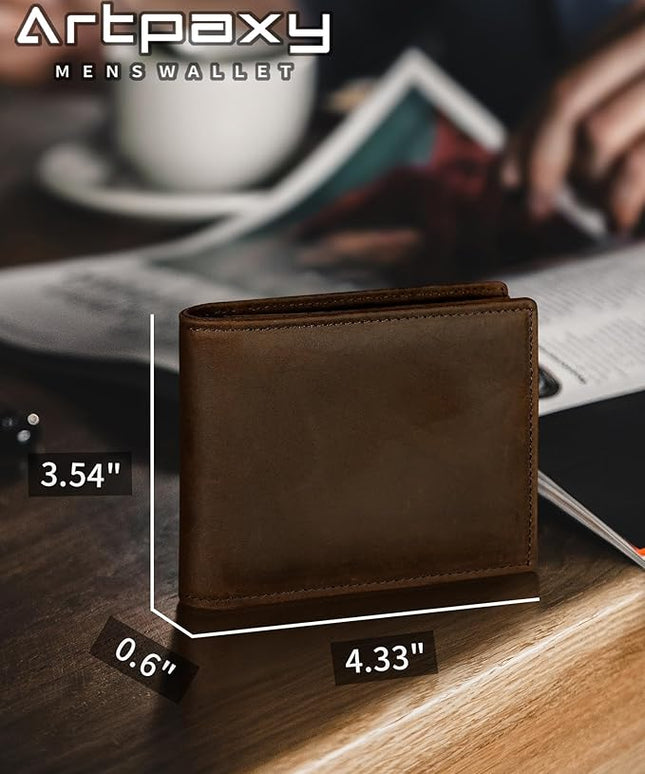Artpaxy Mens Wallet Genuine Leather Bifold RFID Blocking Wallet for Men with 1 ID Window 13 Card Holders 2 cash pockets 1 Gift Box