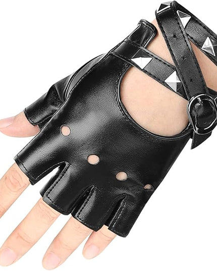 Accmor Leather Punk Gloves Fingerless Gloves for Women Driving Cycling Sports Cosplay Performance Half Finger Gloves for Women Teens Kids