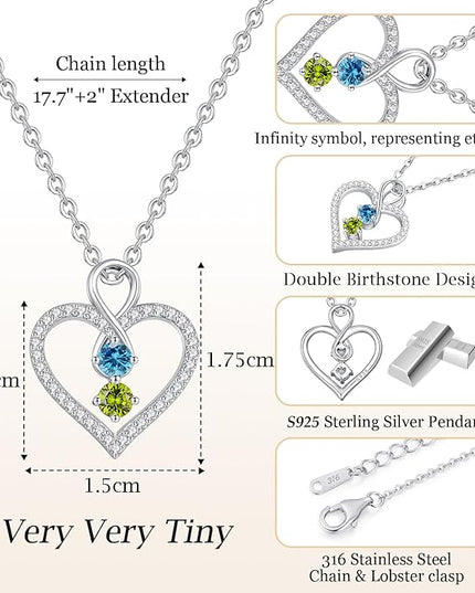 LOUISA SECRET Infinity Double Birthstone Necklace, 925 Sterling Silver Tiny Pendant Heart Necklace for Women Wife Her, Best Jewelry Gift Heart Jewelry Meaningful Gift for Valentine's Day, Christmas, Birthday Anniversary