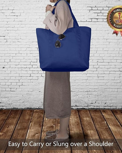 TOPDesign 6-Pack Canvas Tote Bags with an External Pocket, Reusable Grocery Shopping Bags, Top Zipper Closure, Daily Essentials (Blue)