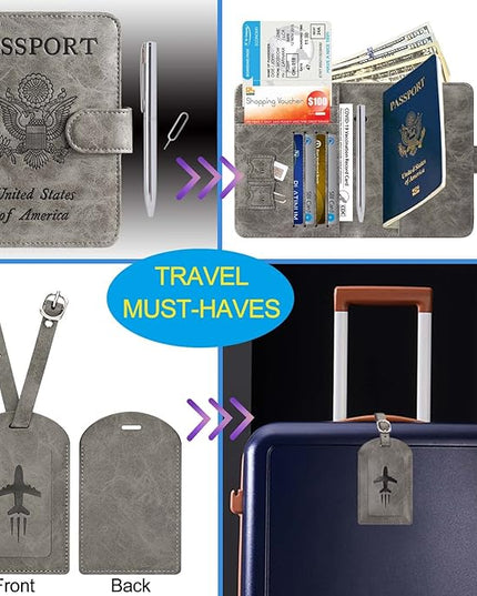 Passport Holder With Luggage Tag Cover Wallet RFID Blocking Leather Case Travel Essentials Accessories Travel Must Have(114#Grey)