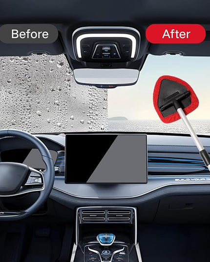 11pcs Windshield Cleaner Tool, Car Window Cleaning Wash Kit with 6 Reusable Microfiber Pads 2 Spray Bottles and Extendable Handles Auto Glass Wiper Kit, Red
