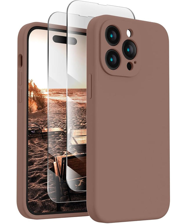 FireNova Designed for iPhone 14 Pro Max Case, Silicone Upgraded [Camera Protection] Case with [2 Screen Protectors], Soft Anti-Scratch Microfiber Lining Inside, 6.7 inch, Light Brown