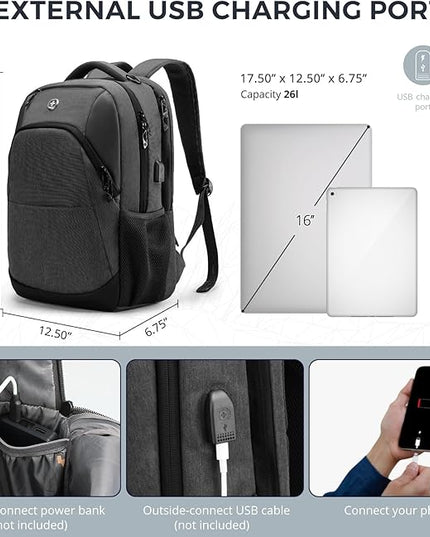 Swissdigital Design Travel Laptop Backpack for Men and Women, College Backpack with USB Charging Port for Fits 16 Inch Notebook, Grey | SD1670-02