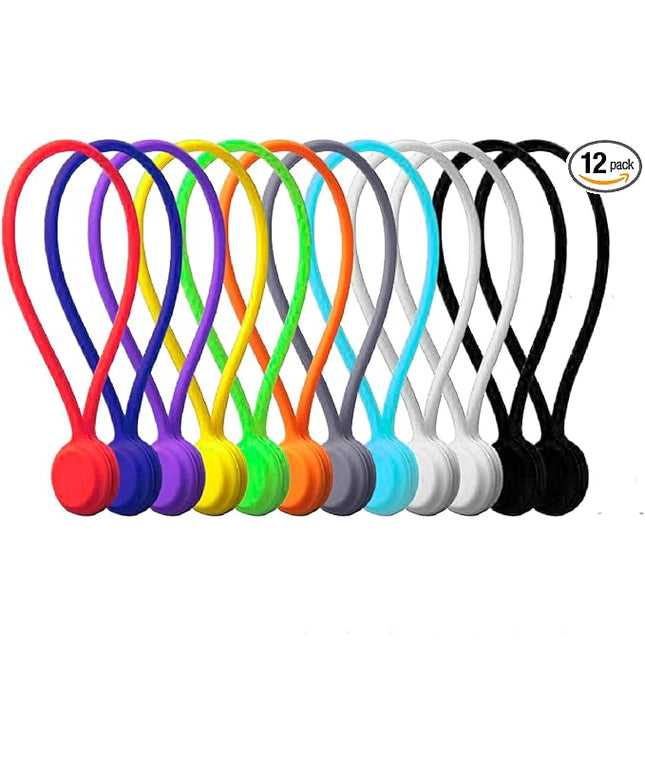 Magnetic Cable Management Organizer | 12 Pack Reusable Cable Ties & Cord Holder with Magnetic Clips | Silicone Cable Ties & Cord Keeper for Smart Home Gadgets, Assorted Colors