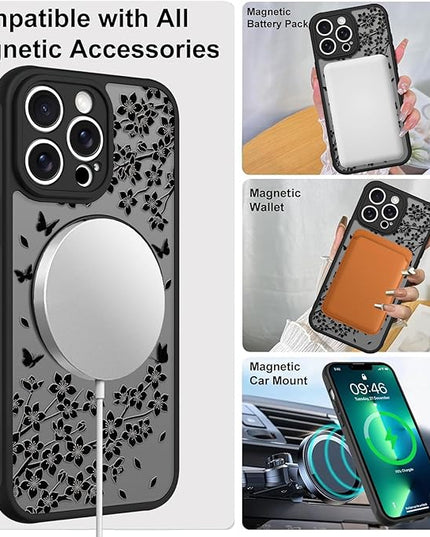 Cute Case for iPhone 13 Pro Case with Stand [ Compatible with MagSafe ] Kawaii Black Cat & Floral & Butterflies Pattern Design 360 Magnetic Ring Kickstand Phone Cover for Women Girls Boys
