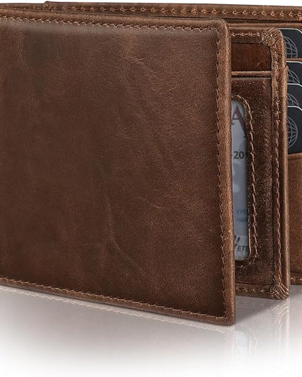 Mens Genuine Leather Bifold RFID Blocking Wallet with 14 Card Slots, ID Window & 2 Cash Pocket - Includes Gift Box