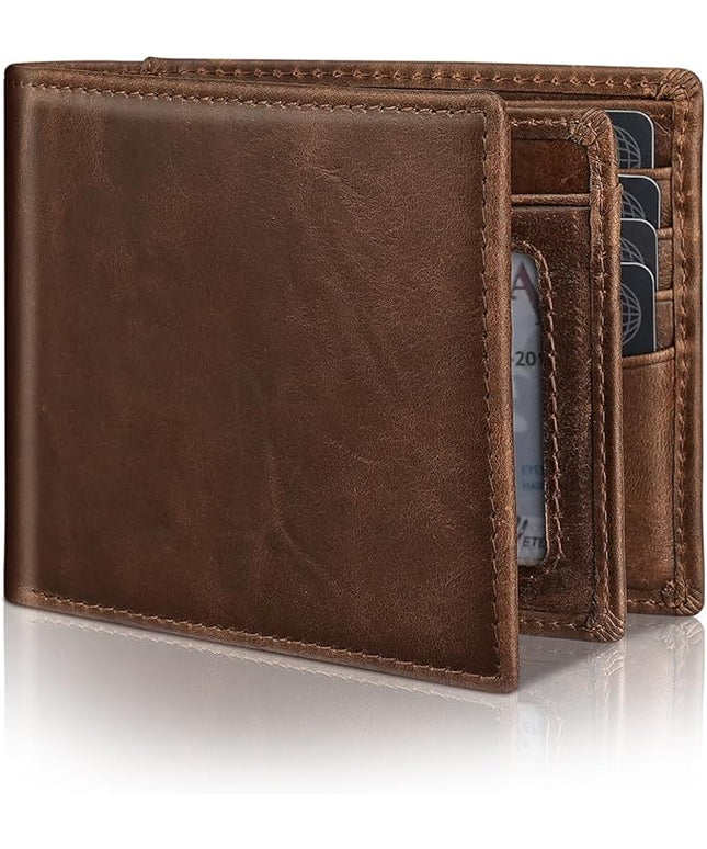 Mens Genuine Leather Bifold RFID Blocking Wallet with 14 Card Slots, ID Window & 2 Cash Pocket - Includes Gift Box