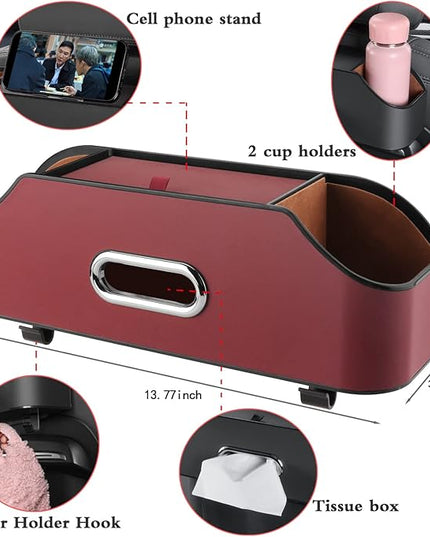 Car Seat Back Organizer - Stylish & Functional Storage for Family Adventures - Cup Holders, Tissue Box & Hooks - Perfect for Kids, Road Trips & Travel (Red)