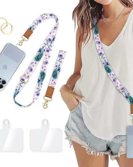 Phone Lanyard Crossbody Wrist Strap, Peacock Floral Cell Phone Lanyards for Around the Neck Wristlet Shoulder, Adjustable Flower Strap for Car Keys Keychain Wallet ID Badge