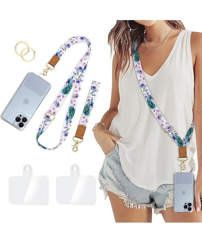 Phone Lanyard Crossbody Wrist Strap, Peacock Floral Cell Phone Lanyards for Around the Neck Wristlet Shoulder, Adjustable Flower Strap for Car Keys Keychain Wallet ID Badge