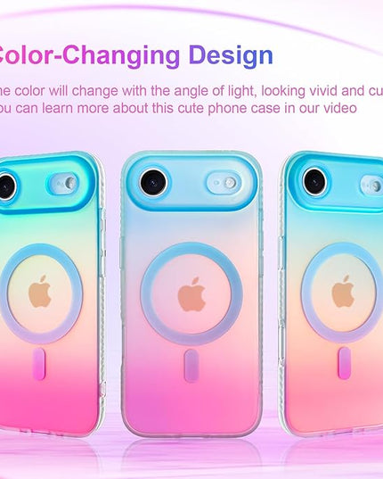 Aesthetic Case for iPhone Air Case for Women Girls [Compatible with Magsafe] Cute Girly Trendy Glitter Sparkly Rainbow Magnetic Protective Phone Cover, Matte Iridescent Blue & Pink