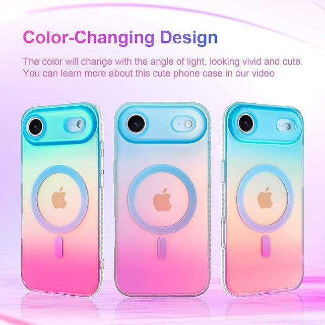 Aesthetic Case for iPhone Air Case for Women Girls [Compatible with Magsafe] Cute Girly Trendy Glitter Sparkly Rainbow Magnetic Protective Phone Cover, Matte Iridescent Blue & Pink