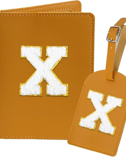 Initial Passport Cover Holder and Luggage tag Set,PU Leather Passport Case Travel Suitcase Tag with Letter Patch, Personalized Travel Luggage Accessories Gifts for Women Grils Teenage Ginger X