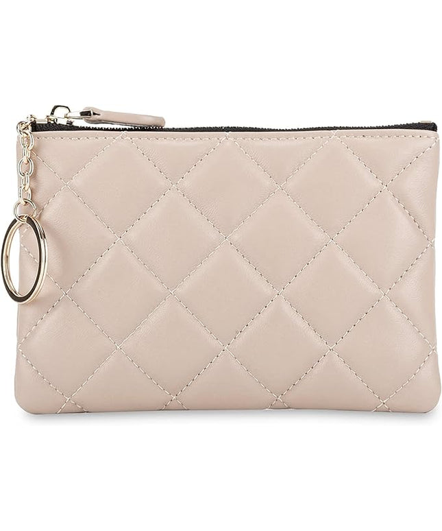DORIS&JACKY Soft Lambskin Leather Coin Purse Small Quilted RFID Blocking Top Zipper Wallet With Key Chain