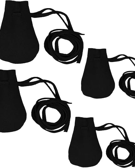 Mythrojan Small Trinket Pouches Suede Leather Drawstring Coin & Dice Bags for LARP, SCA, Viking & Medieval Events (Black - Pack of 4)
