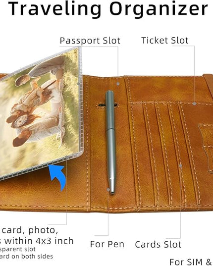 WALNEW Passport Holder for Travel, RFID Passport Cover Wallet for Women Men, PU Leather Passport Book Card Holder Case with Pen (Upgraded, Upgraded-Brown)