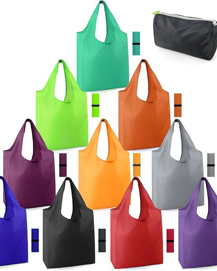BeeGreen Reusable-Grocery-Bags-Foldable-Machine-Washable-Reusable-Shopping-Bags-Bulk Colorful 10 Pack 50LBS Extra Large Folding Reusable Bags Totes w Zipper Storage Pouch Lightweight Polyester Fabric