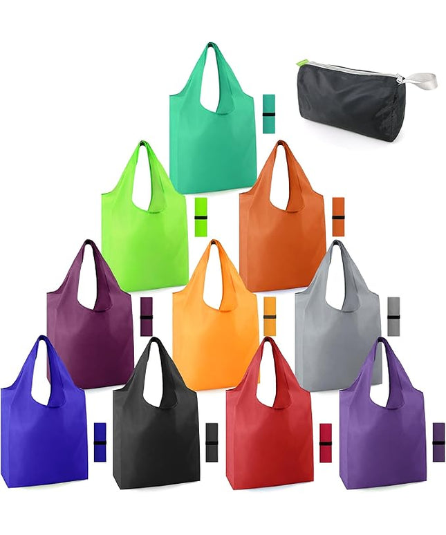 BeeGreen Reusable-Grocery-Bags-Foldable-Machine-Washable-Reusable-Shopping-Bags-Bulk Colorful 10 Pack 50LBS Extra Large Folding Reusable Bags Totes w Zipper Storage Pouch Lightweight Polyester Fabric