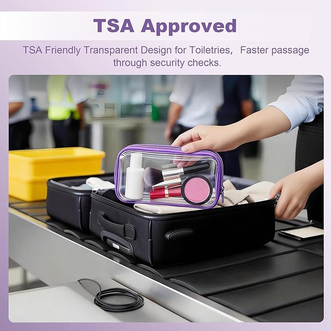 5 Pack Clear Hard Shell Zipper Pouches, TSA Friendly Transparent Design for Toiletries & Electronics, Crush-Resistant Storage for Carry-On Travel (Purple)