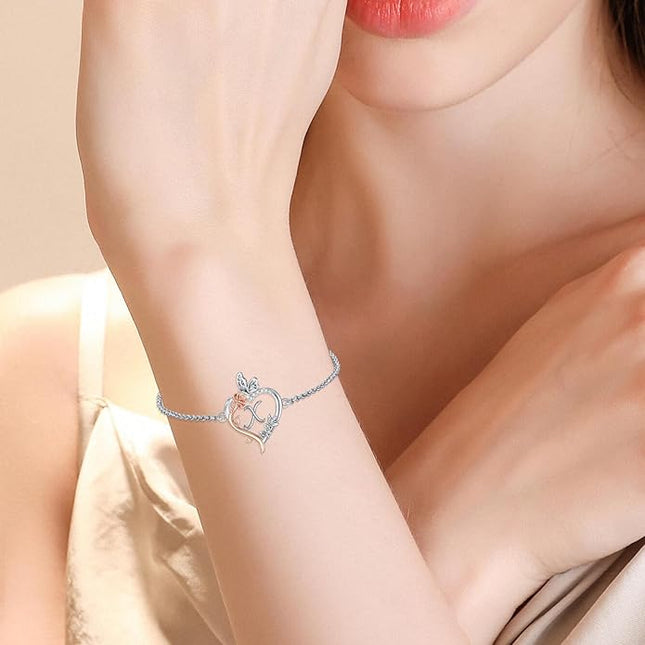 TOUPOP Gifts for Women Rose Heart Initial Bracelet 925 Sterling Silver Butterfly Letter Link Bracelet Love Jewelry Valentines Day Birthday Gifts for Her Wife Girlfriend Mom
