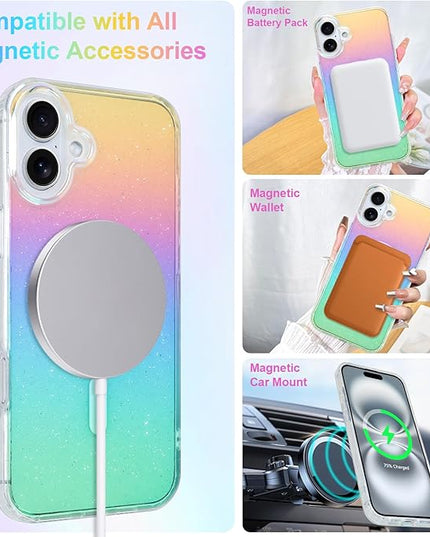 Glitter Case for iPhone 16 Case for Women Girls [ Compatible with Magsafe ] Clear Cute Girly Aesthetic Iridescent Rainbow Sparkly Bling Magnetic Phone Cover, Gradient Blue & Pink