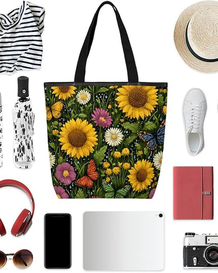 Pardick Canvas Tote Bags, Sunflower Daisy Butterfly Tote Bag Eco Friendly Reusable Grocery Shopping Bagsfor Beach, Books, Women with Zipper Inner Pocket