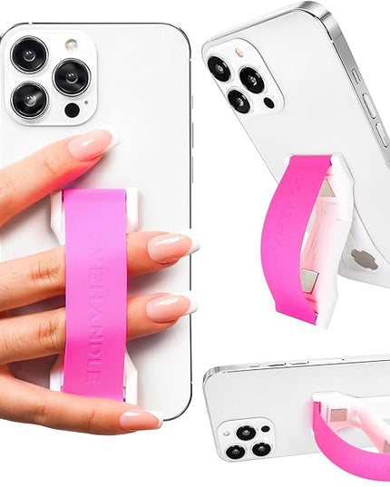 LoveHandle PRO Premium Phone Grip - Silicone Phone Strap - Magnetic Phone Mount and Kickstand for Smartphone and Tablet - Hot Pink Silicone on White Base