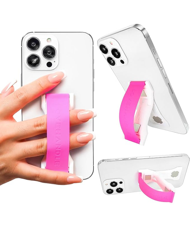 LoveHandle PRO Premium Phone Grip - Silicone Phone Strap - Magnetic Phone Mount and Kickstand for Smartphone and Tablet - Hot Pink Silicone on White Base