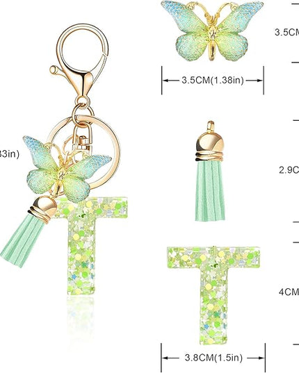 Fashion Alphabet Initial Letter Keychain Tassel Butterfly Pendant Key Ring for Purse Handbags Women Girl