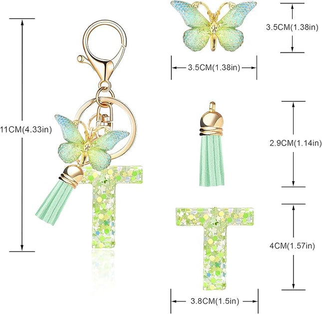 Fashion Alphabet Initial Letter Keychain Tassel Butterfly Pendant Key Ring for Purse Handbags Women Girl