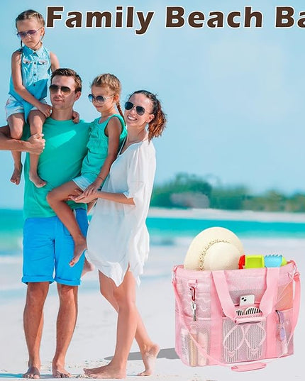 Mesh Beach Bag, Large Beach Tote with Zipper Pocket, Toys Pool Bag for Family Travel Vacation Cruise Essentials