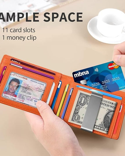 RUNBOX Slim Money Clip Wallets for Men RFID Blocking 11 Card Holder Minimalist Small Leather Bifold Men's Front Pocket Wallet Gift Box