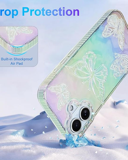 Cute Case for iPhone 17 Case for Women Girls, with 3D Butterflies Pattern Design, Aesthetic Clear Iridescent Glitter Kawaii Girly Rainbow Protective Phone Cover