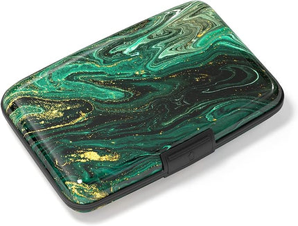 Atufsuat Credit Card Holder, Mini Aluminum Card Wallet RFID Blocking Slim Metal Hard Card Case for Women Men, Green Gold Marble