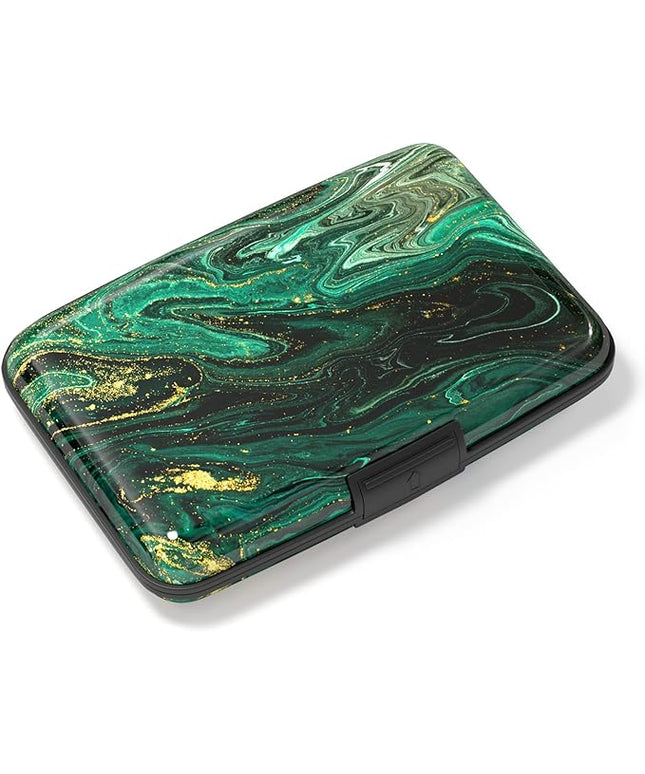Atufsuat Credit Card Holder, Mini Aluminum Card Wallet RFID Blocking Slim Metal Hard Card Case for Women Men, Green Gold Marble