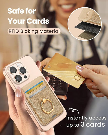 Shorogyt Compatible with Magsafe Wallet Magnetic Card Holder - Phone Wallets with Ring Grip Stand Cute Fashion for iPhone 17/16/15/14/13/12 Series for Women Girls Glitter Gold Design, Fit 3 Cards