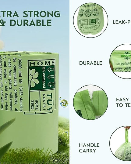 10-13 Gallon Compostable Trash Bags with Handles Tie 30 Bags Biodegradable Garbage Bags Food Scrap Green Waste Bags Thick 0.87 Mil 49.21 Liter ASTM D6400, US BPI and OK Compost Home Certified