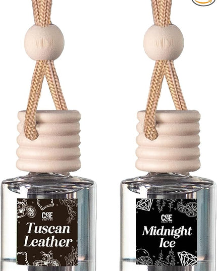 C&E Craft Co Hanging Car Air Freshener Diffuser 2 Pack, Long Lasting Fragrance Oil Car Freshener, Glass Bottle Auto Air Freshener, Made in USA (Tuscan Leather & Midnight Ice)