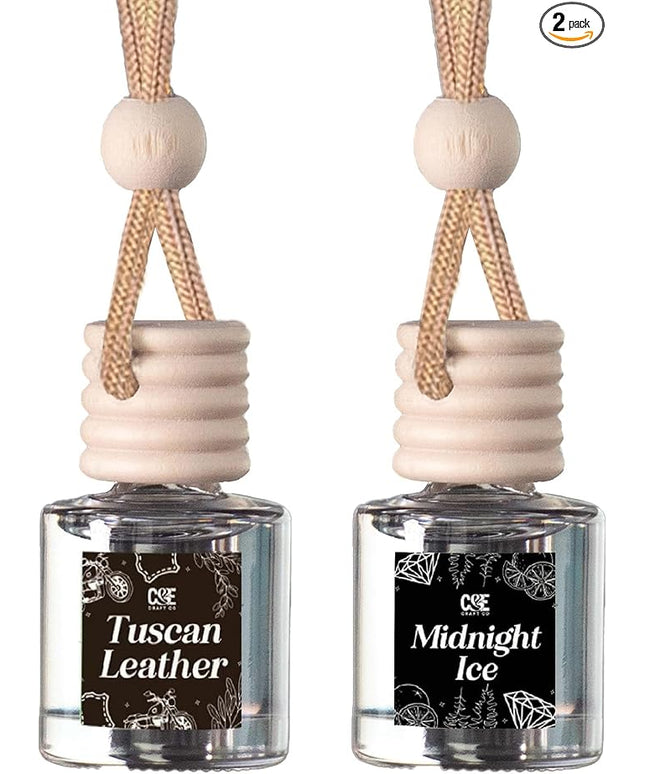 C&E Craft Co Hanging Car Air Freshener Diffuser 2 Pack, Long Lasting Fragrance Oil Car Freshener, Glass Bottle Auto Air Freshener, Made in USA (Tuscan Leather & Midnight Ice)