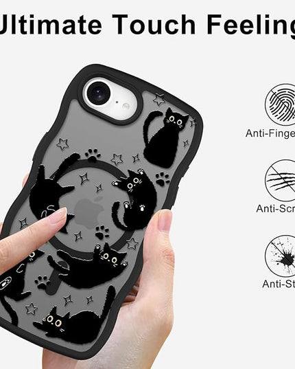 Cute Case for iPhone 16e Case [Compatible with MagSafe] with Kawaii Black Cats Cat Print Pattern Design for Women Girls, Soft Wavy Edge Anti-Slip Animal Magnetic Protective Phone Cover
